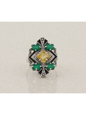 Sterling Silver Natural Citrine, Green Onyx, Black Enamel Ring Size 10 1/4